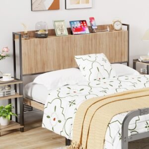 twin size fluted headboard with outlets, height adjustable, storage rack, sturdy and stable, easy assembly(oak, full)
