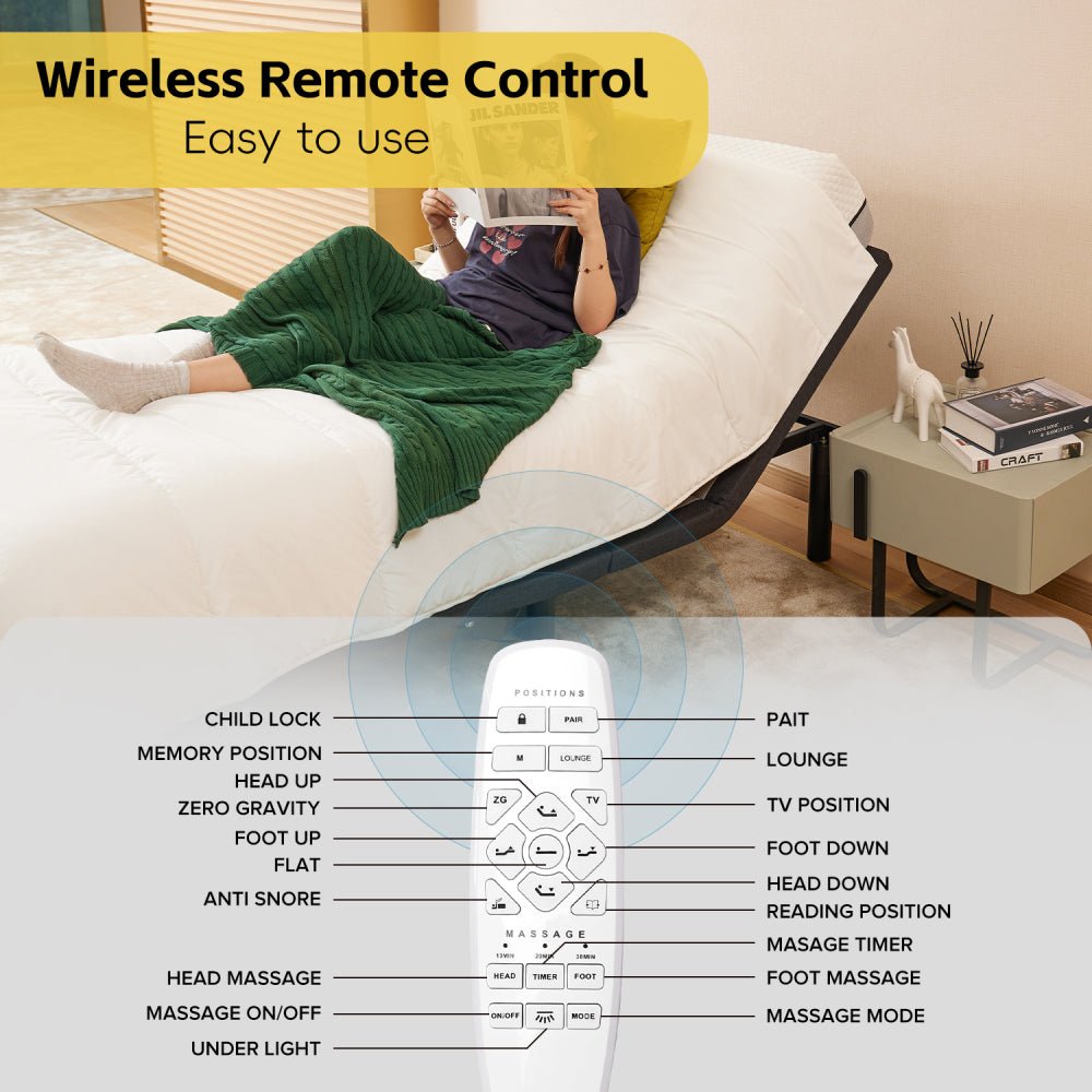 ergonomic twin xl size adjustable bed, zero gravity base for stress management w/head and foot incline, wireless remote control