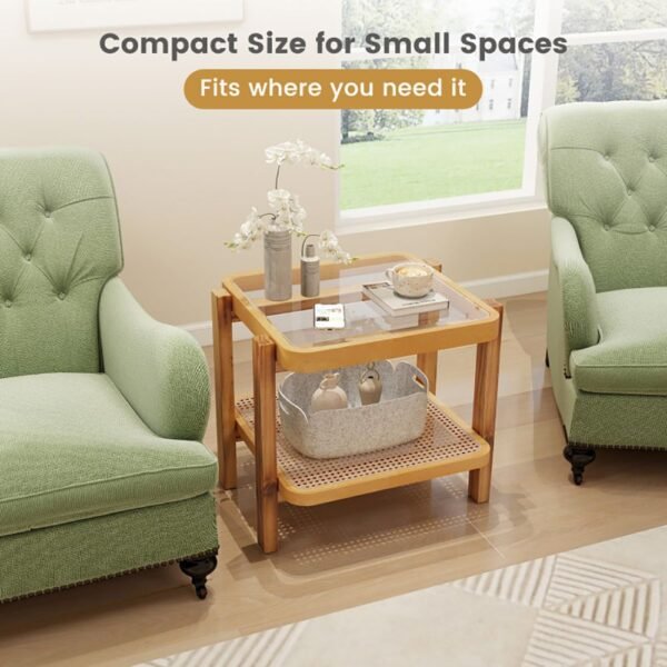 2 tier rattan end side table with tempered glass top and acacia wood legs for living room furniture