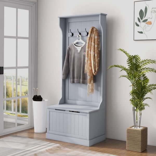 gray entryway hall tree coat rack with sitting bench and storage hooks for mudroom use