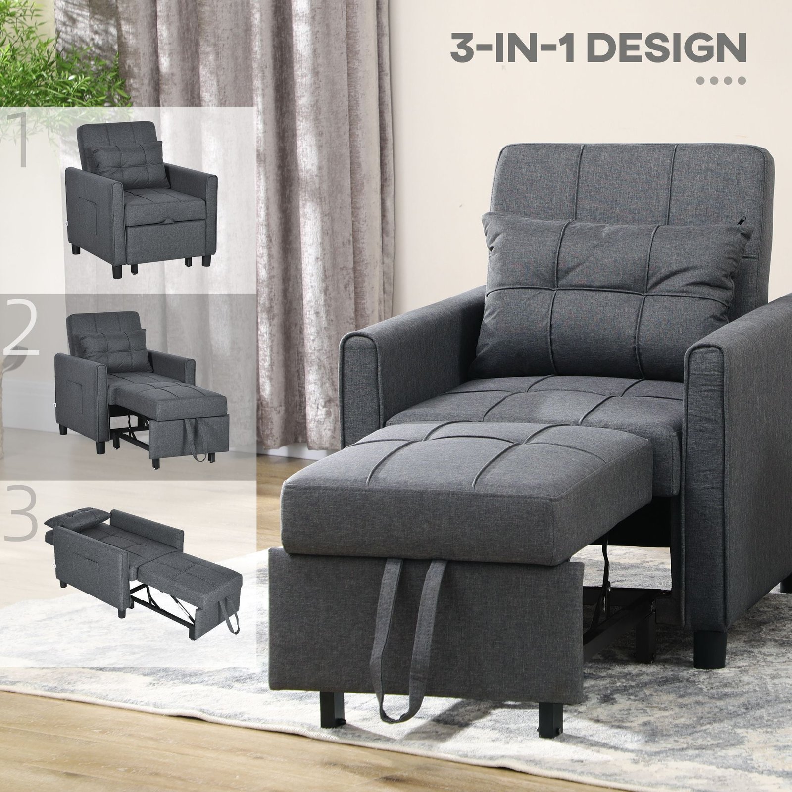 3 in 1 gray sofa bed with pillow pockets adjustable backrest foldable lounge chairs three position feature