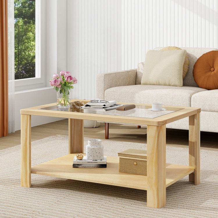 2 tier rectangular center table with tempered glass top and storage shelf for coffee table use