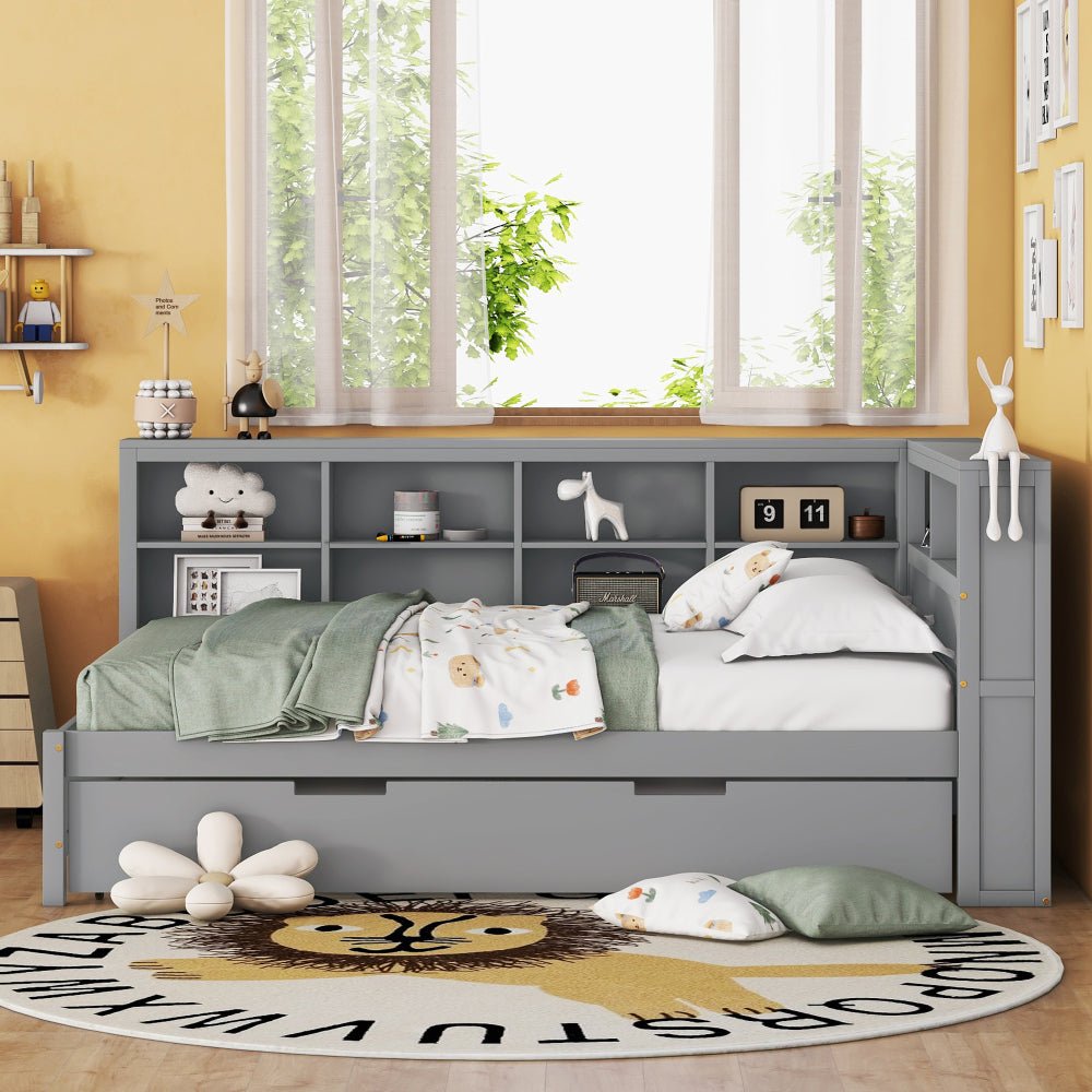 wooden full size daybed with twin size trundle, daybed with storage shelf and usb charging ports,grey