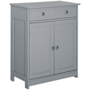 compact freestanding mdf grey bathroom linen cabinet 2 drawers with metal knob elevated base storage solution