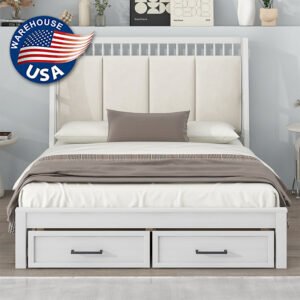 white upholstered wood platform bed with headboard and 2 drawers
