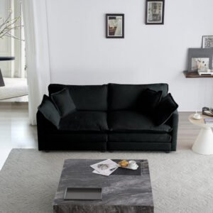 modern fabric loveseat sofa couch for living room, upholstered large size deep seat 2 seat sofa with 4 pillows ,black chenille