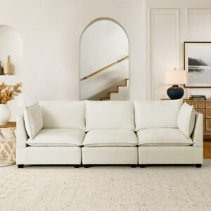 modern chenille comfy upholstered 3 seat sofa with 2 lumbar pillow deep seat sofa sleeper for living room (beige white)