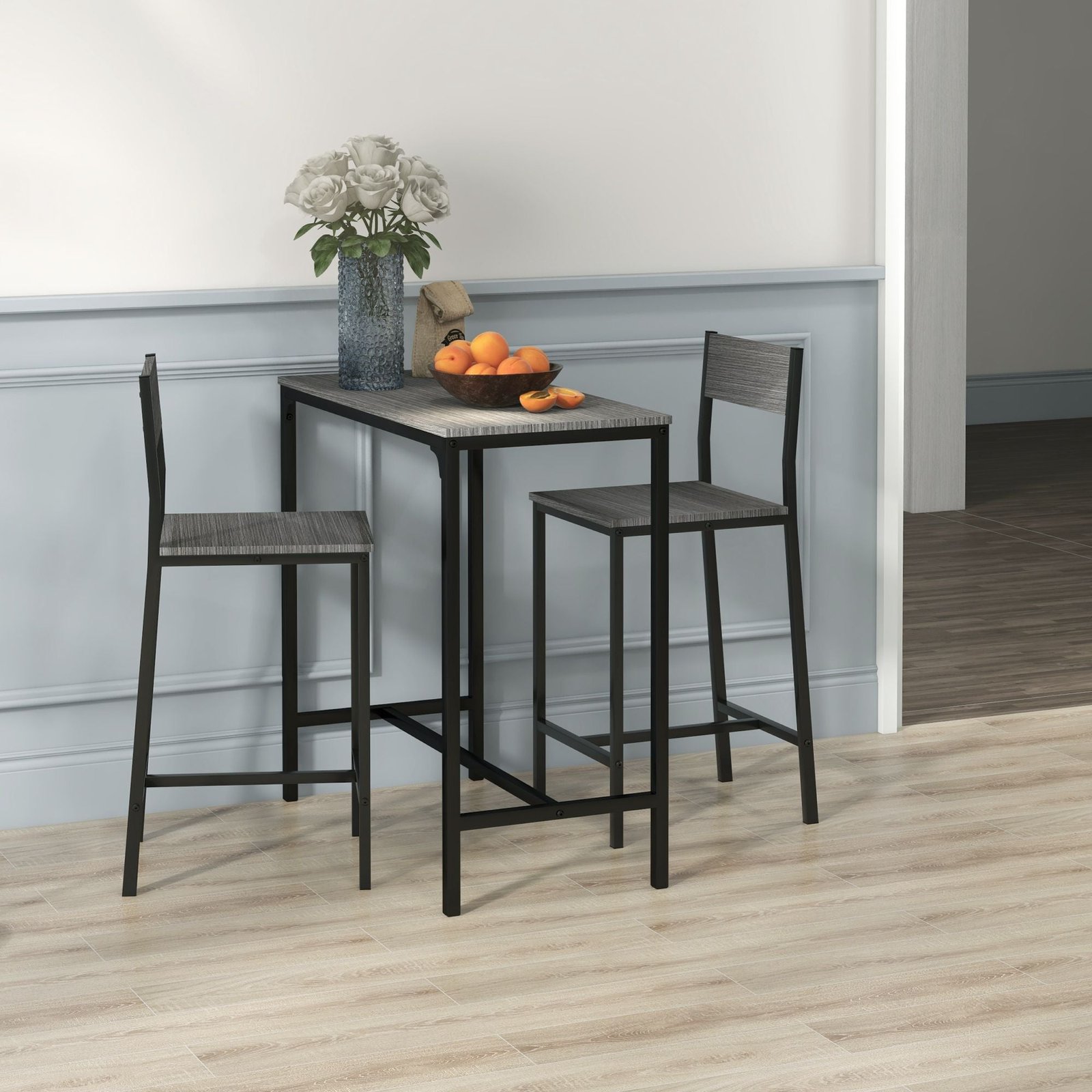 3 piece industrial style counter height dining set for 2 breakfast table in gray with bar stools for kitchen