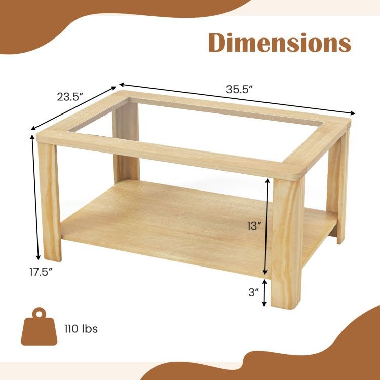 2 tier rectangular center table with tempered glass top and storage shelf for coffee table use