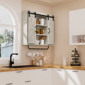 rustic wood wall storage cabinet with two sliding barn door, 3 tier decorative farmhouse vintage cabinet for kitchen dining