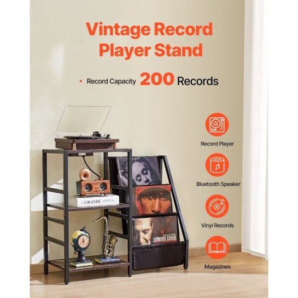 3 tiers black metal record player stand with led light & usb ports vinyl cd racks