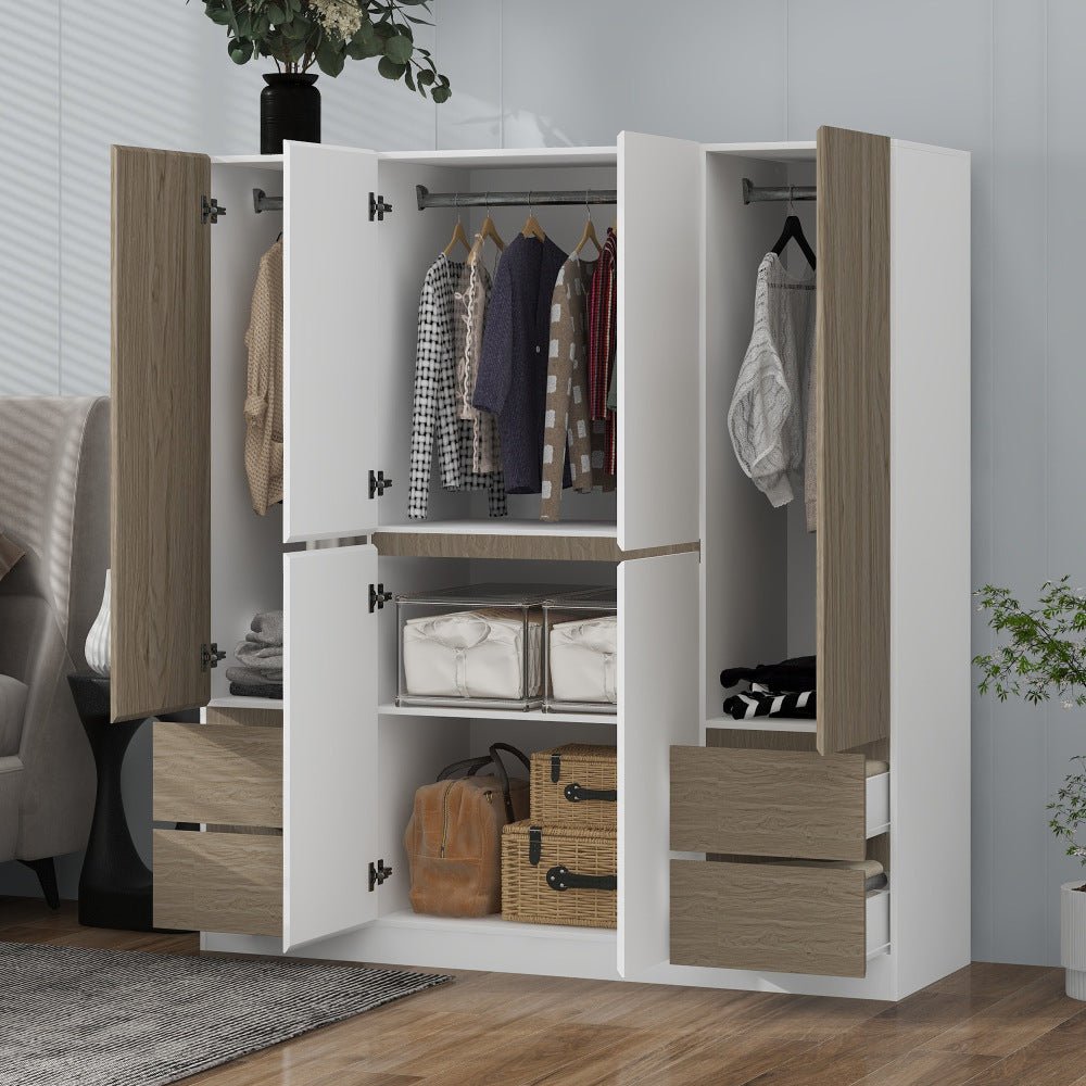 6 doors wooden wardrobe storage for bedroom,with 4 drawers,white+nature
