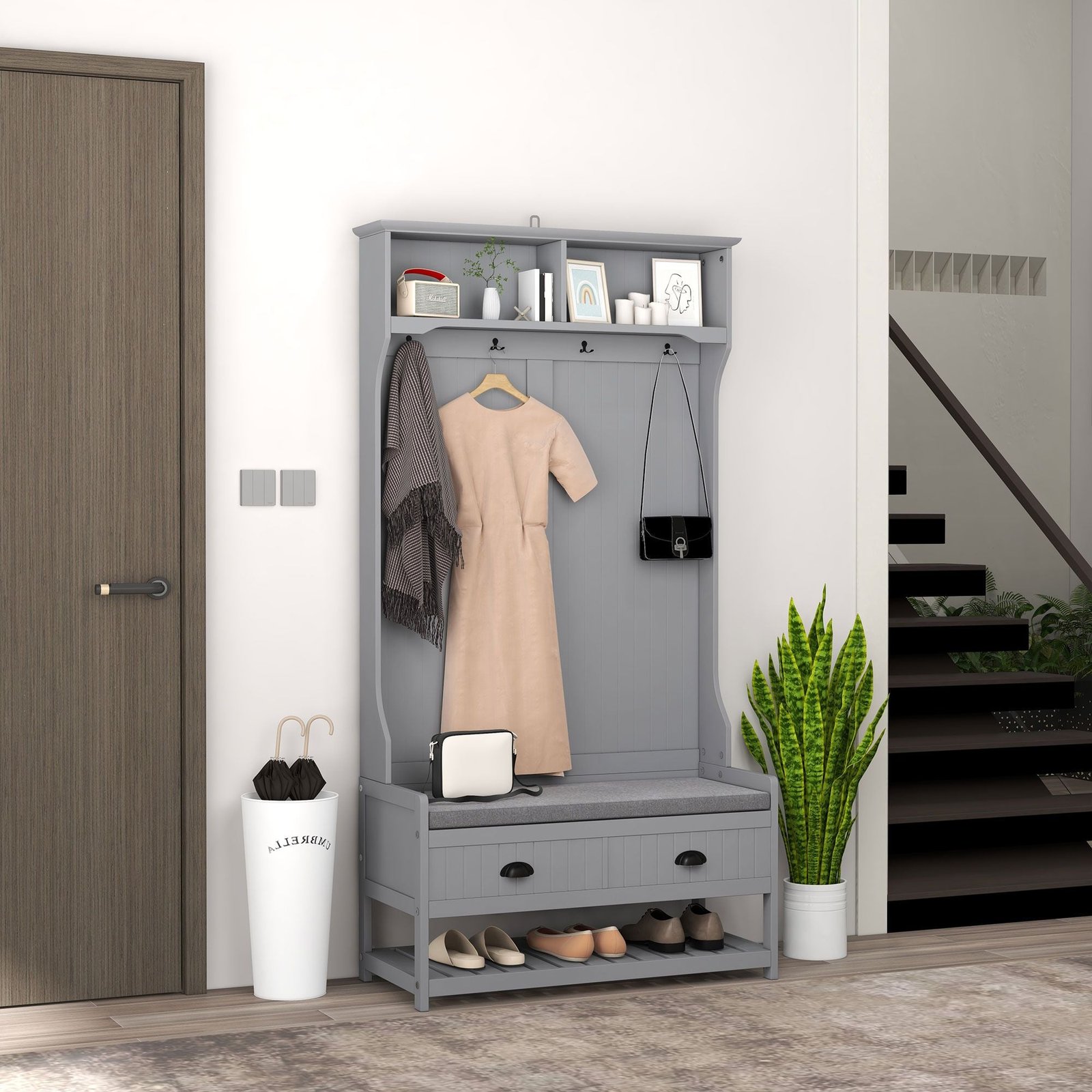 3 in 1 gray hall tree with 2 storage drawers and 4 hooks entryway bench coat rack and mudroom shoe rack with cushions