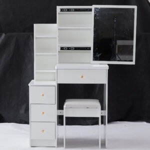 29.2" small space left bedside cabinet vanity table + cushioned stool, extra large right sliding mirror