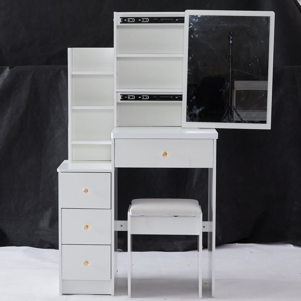 29.2" small space left bedside cabinet vanity table + cushioned stool, extra large right sliding mirror