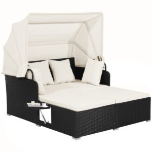 white rattan daybed lounge w retractable top canopy side tables cushions metal bed