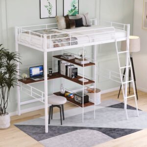 twin size metal loft bed and built in desk and shelves,white(old sku:wf280270aak)