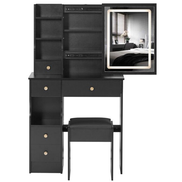 29.2" small size left drawer desktop vanity table + cushioned stool, large sliding, touch control, tri color switching