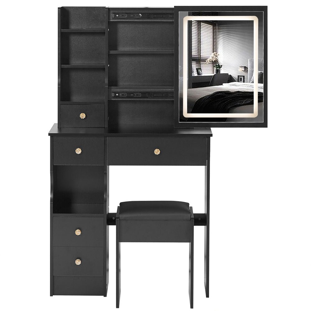 29.2" small size left drawer desktop vanity table + cushioned stool, large sliding, touch control, tri color switching