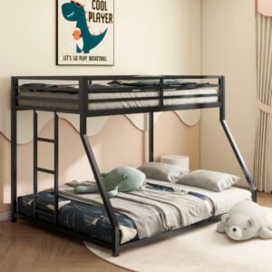 adam sturdy twin over full bunk bed metal black for kids and adult, low profile twin over full bunk bed