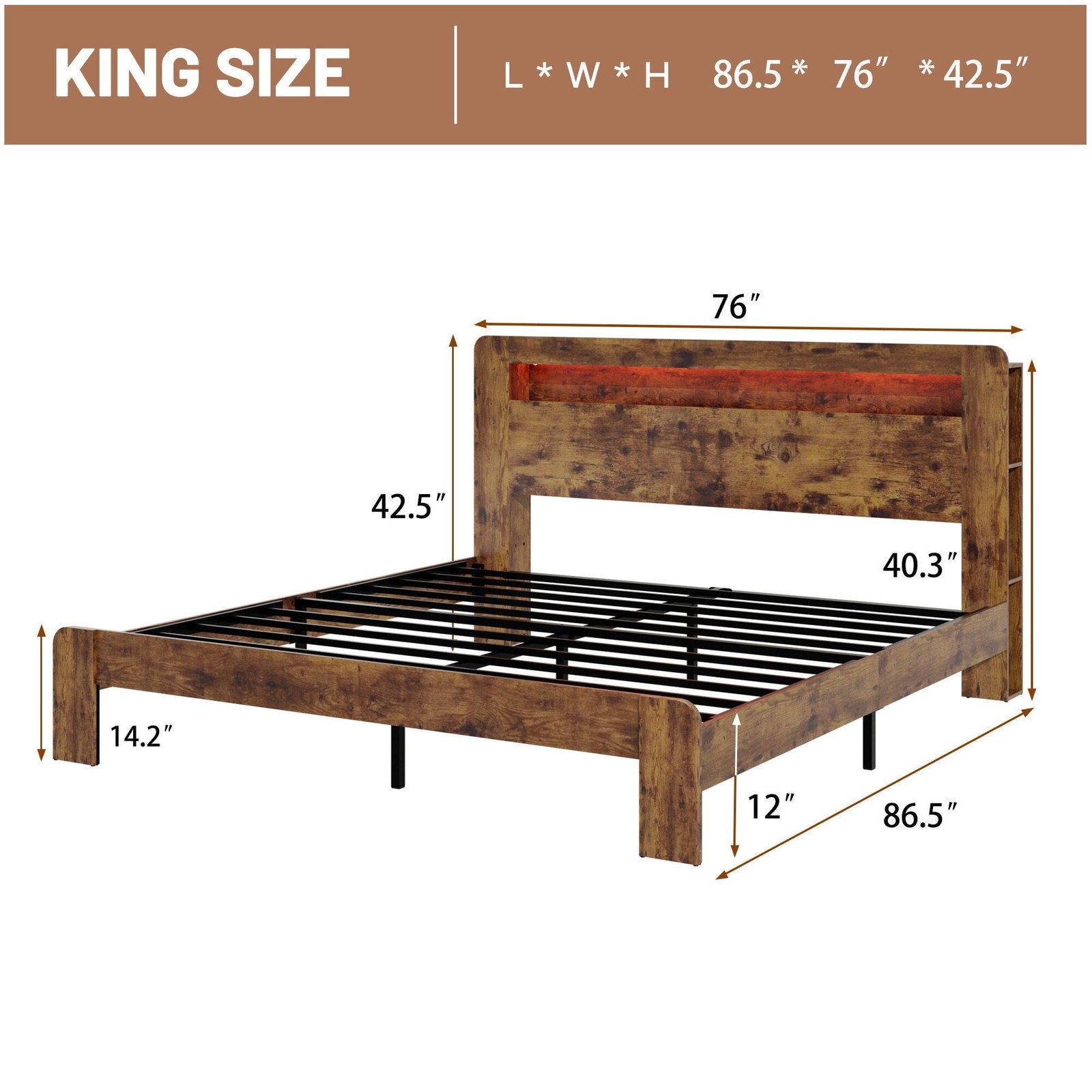 dark brown king size wood platform bed frame led light headboard usb ports no box spring needed easy assembly large storage no