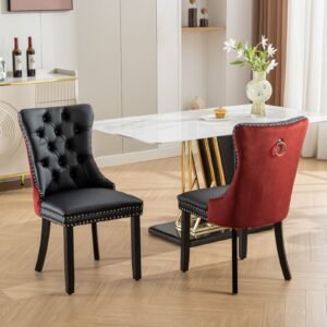 a&a furniture nikki collection modern tufted solid wood dining chair set velvet pu upholstered nailhead trim black wine red