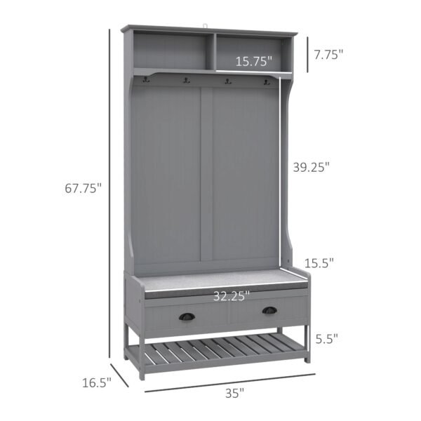 3 in 1 gray hall tree with 2 storage drawers and 4 hooks entryway bench coat rack and mudroom shoe rack with cushions