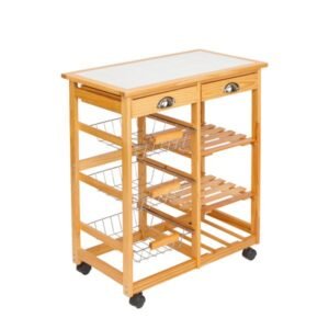 2 drawer wood color kitchen & dining room cart with rolling wheels removable storage rack for islands & carts