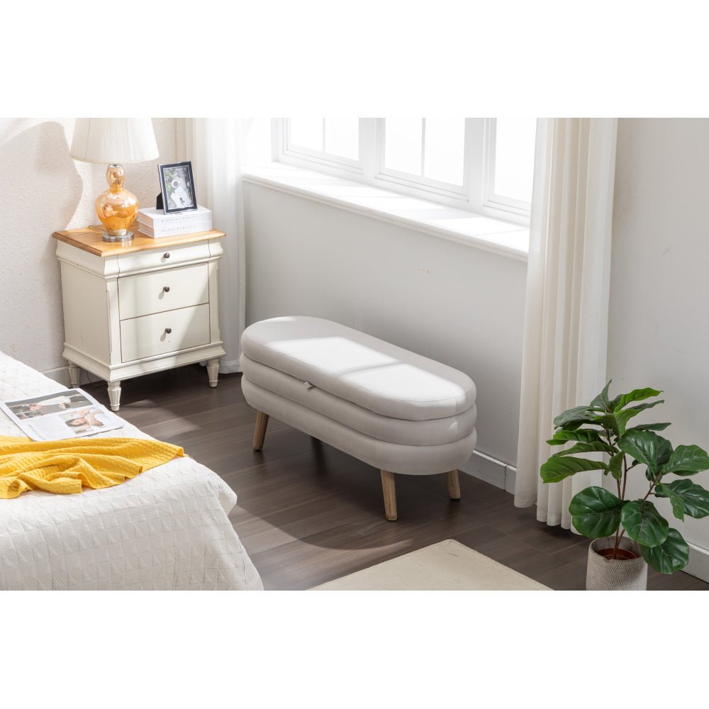 036 velvet fabric storage bench bedroom bench with wood legs for living room bedroom indoor,light gray