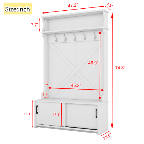 fcj hall tree coat rack with 5 hanging hooks and top shelf storage bench sliding door shoe cabinet for entryway or hallway