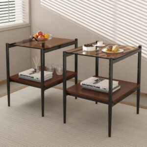 set of 2 side tables,rectangular sofa side table, tempered glass table, two layer dining table for living room furniture