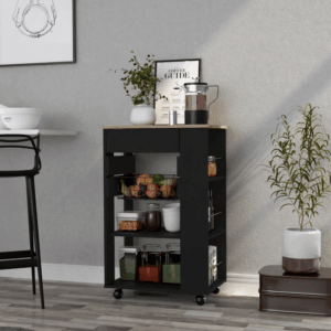 sonex kitchen cart with one drawer and two open shelves four casters black wengue/light oak finish kitchen islands & carts