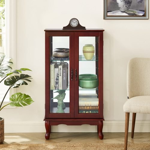 fcj lighted curio cabinet with adjustable shelves and mirrored back panel tempered glass doors for display & china collections