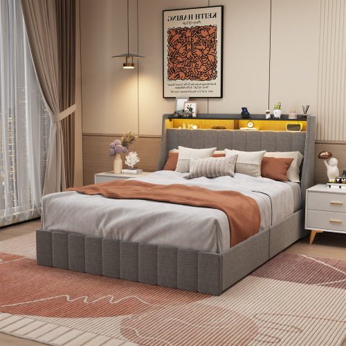 fcj light grey full size platform bed frame with led and 4 under bed storage drawers soft headboard design with wings