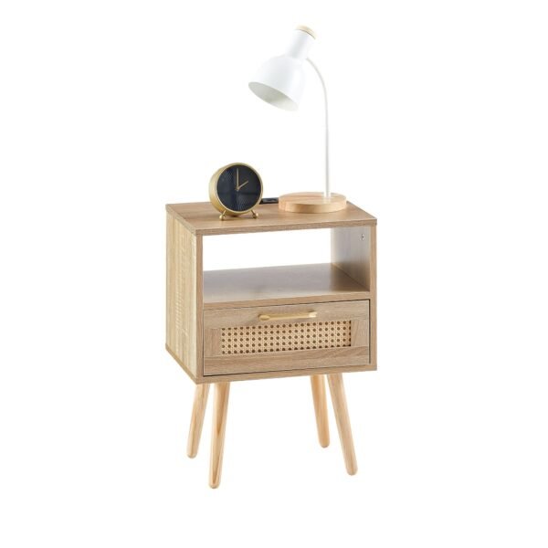 15.75" modern solid wood rattan end table with power outlet usb ports nightstand drawer side table for living room bedroom