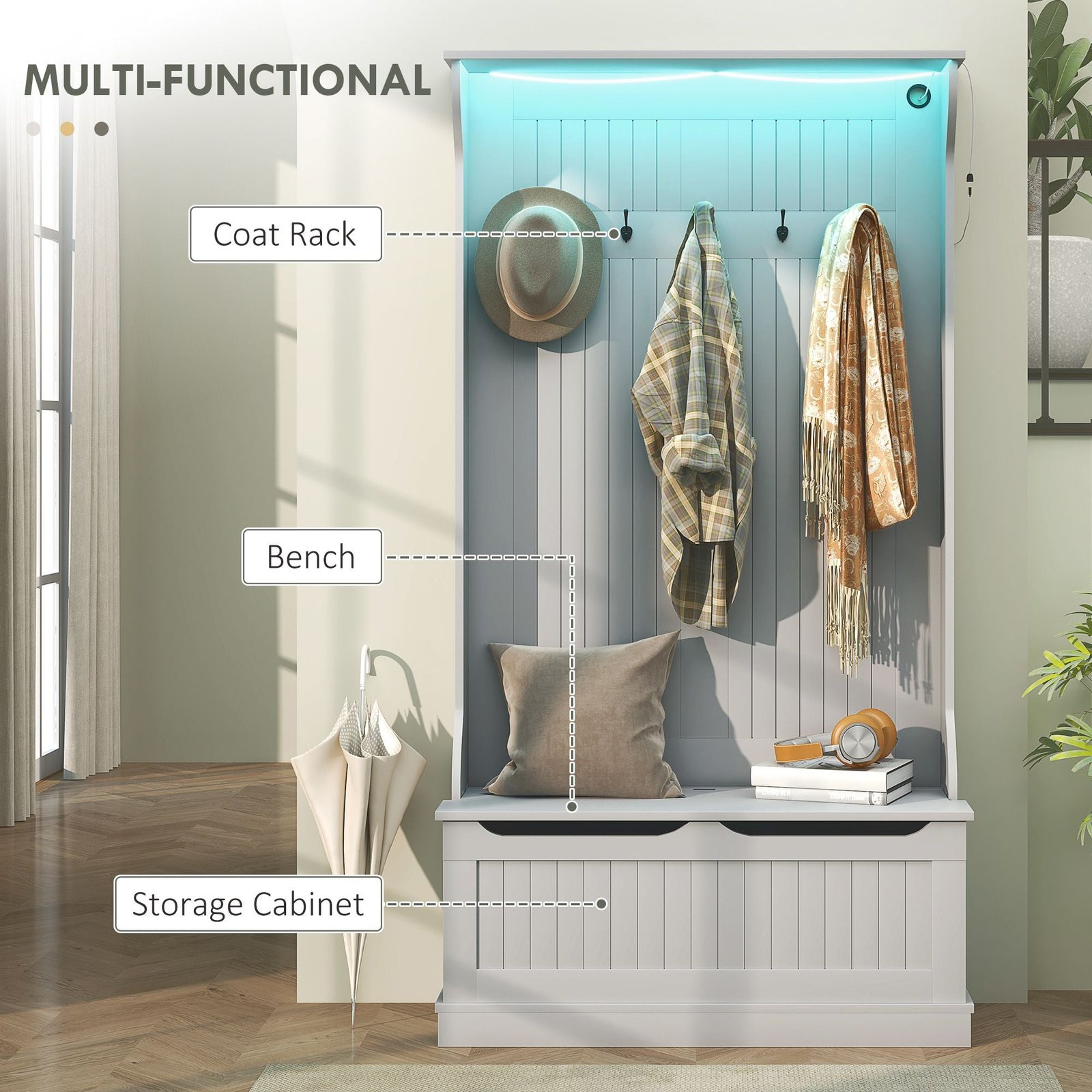 3 in 1 gray entryway hall tree with led lights bench shoe storage 5 coat racks