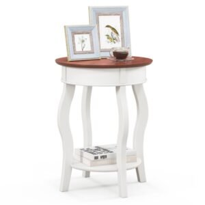 2 tier round end table with storage shelf solid rubber wood legs for living room furniture