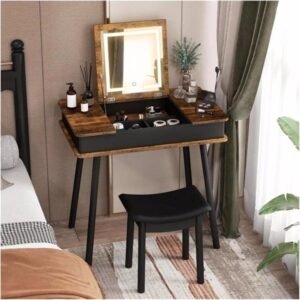 vintage foldable makeup vanity table flip top mirror 3 color led lights rustic brown space saving 6 storage desk set cushion