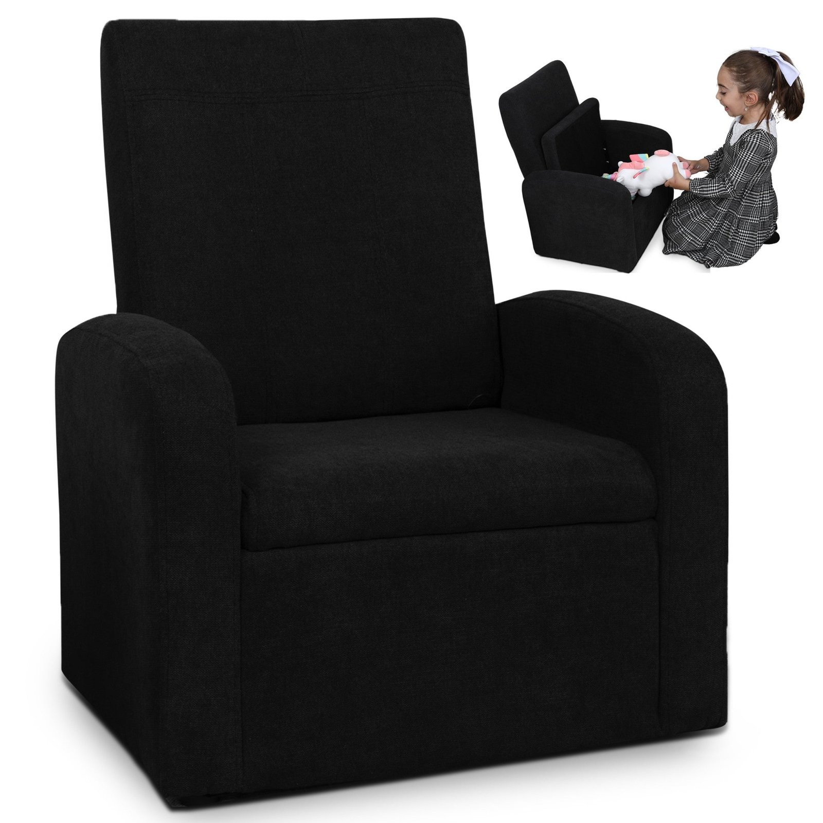 hms kids comfortable black upholstered recliner chair with storage for living room