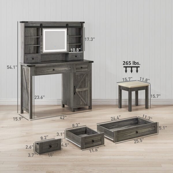 gray vanity desk set with comfortable cushioned stool storage drawer cabinet shelves for bedroom features mirror and lights