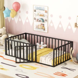 twin size metal floor bed frame with fence and door, black