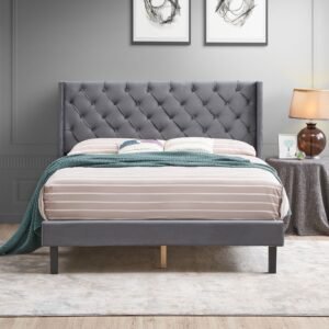 velvet button tufted wooden bed with wings design easy assembly strong wood slat support