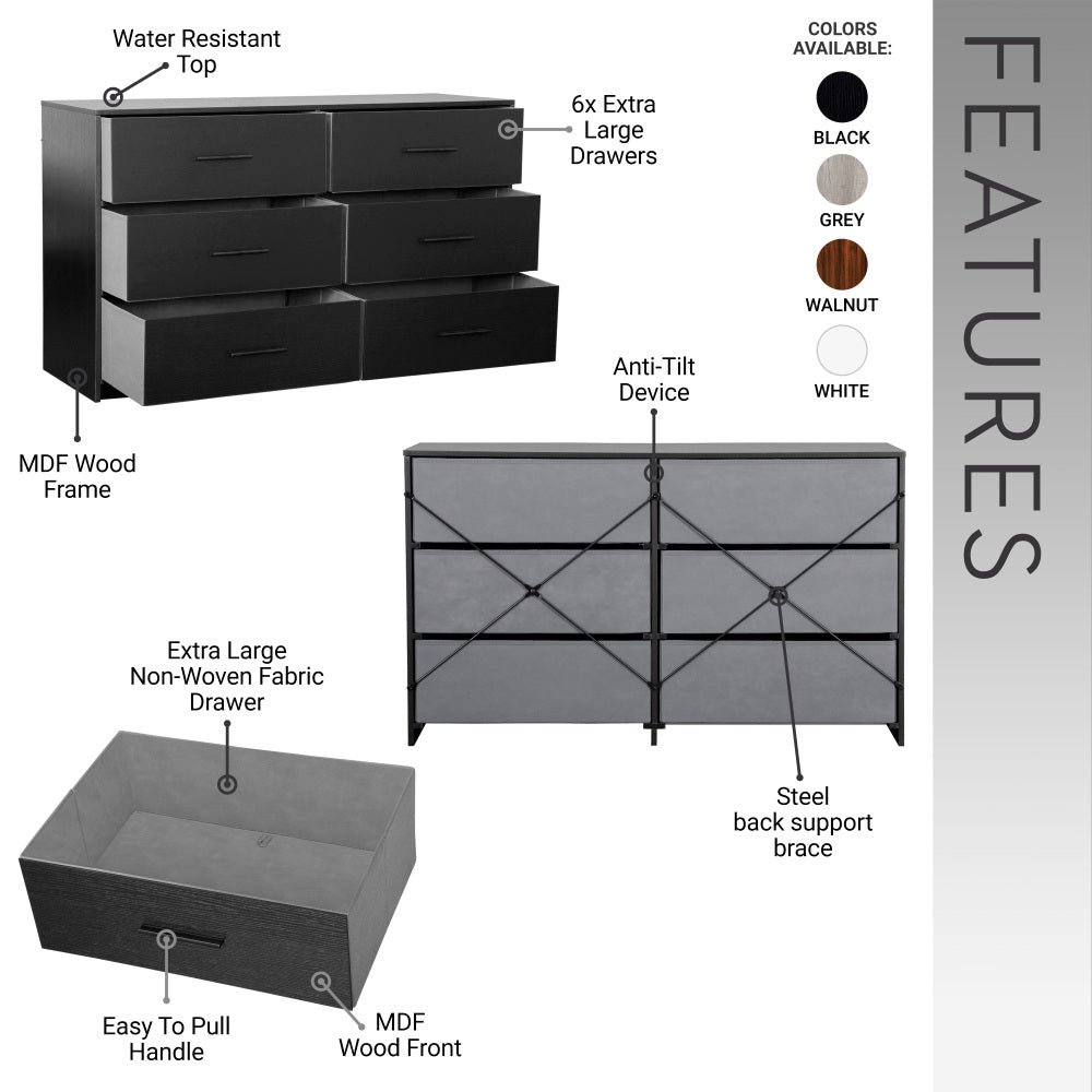 6 drawer dresser with large fabric drawers, black
