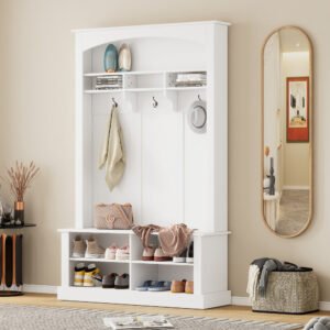 47.2'' wide hall tree with bench and shoe storage, multi functional storage bench with 3 hanging hooks & open storage space
