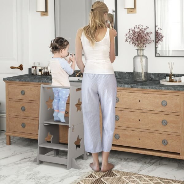 2 in 1 gray toddler tower with safety rail for bathroom sink kitchen counter or ottomans for multiple uses