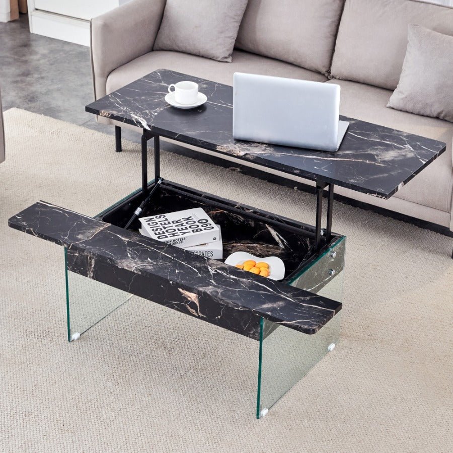 43.3 inch lift top coffee table w/storage black marble & tempered glass (300lb capacity) space saving, multi color