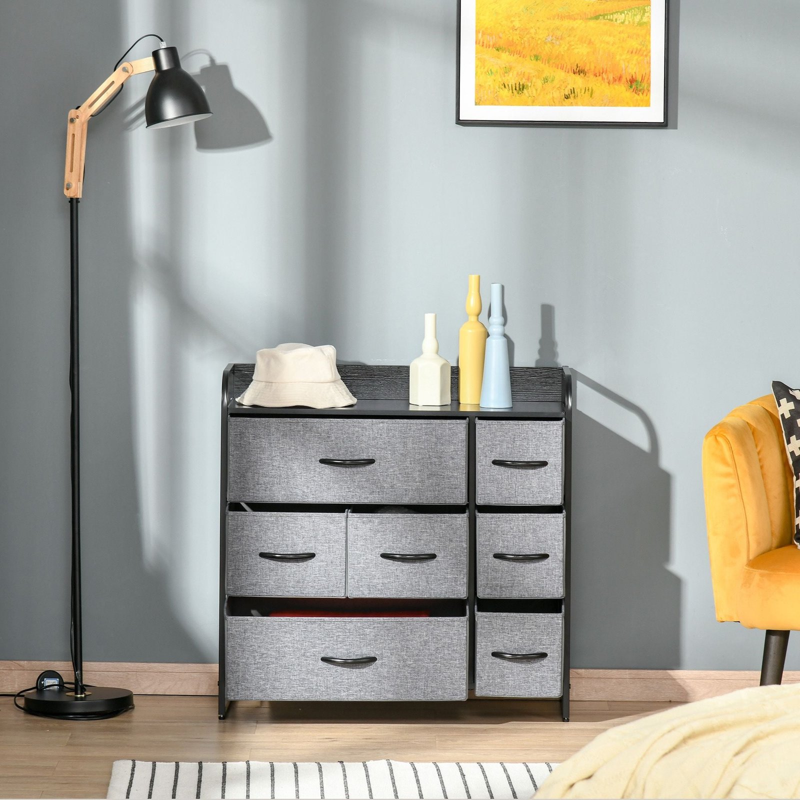 7 drawer gray dresser with steel frame & wooden top fabric chest for bedroom or hallway storage