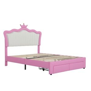 full size upholstered bed frame with led lights modern upholstered princess bed with crown headboard 2 drawers in pink+white
