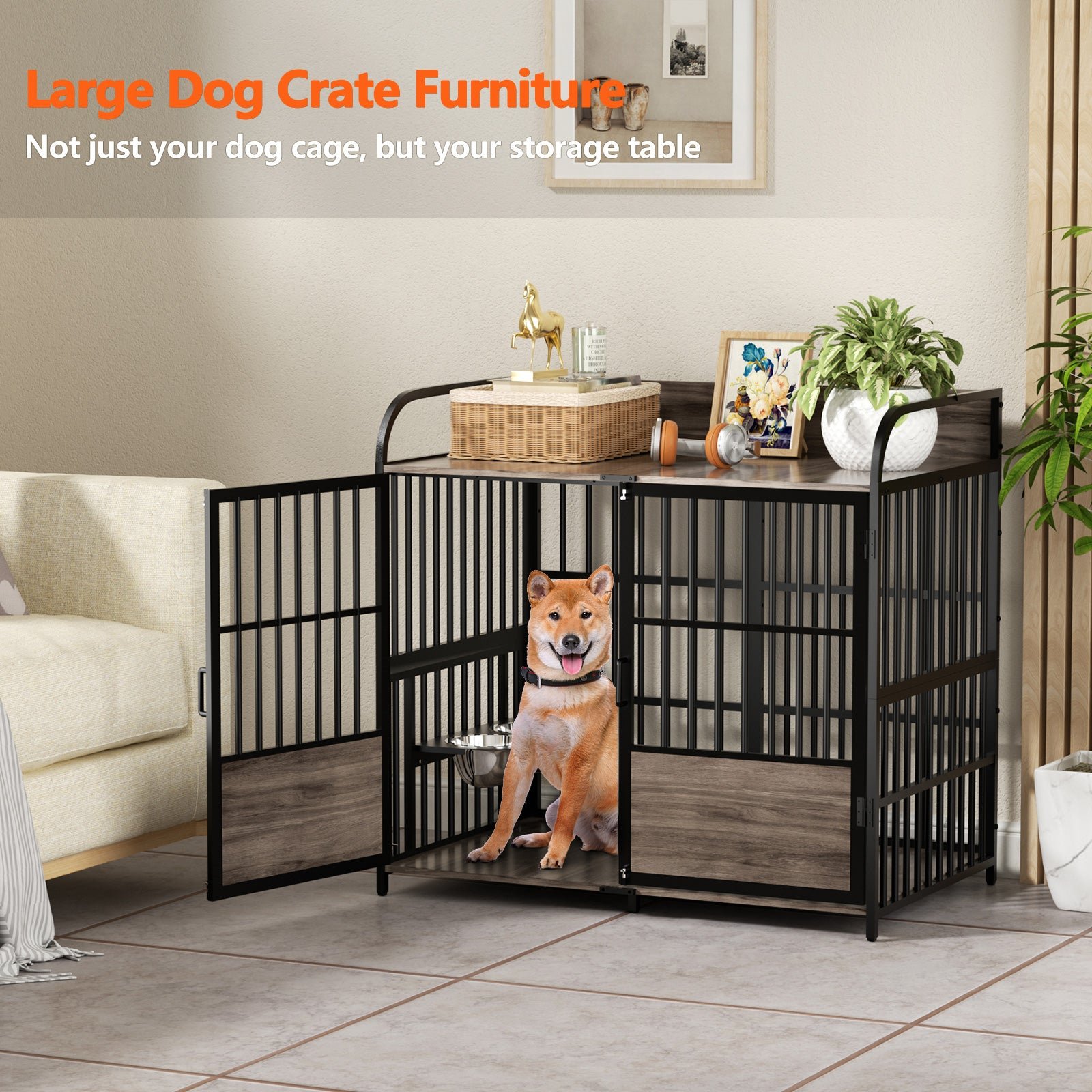 48 inch dog cage furniture, large dog kennel indoor with 2 adjustable bowls