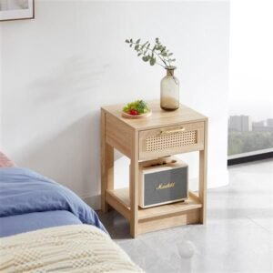 15.75" modern rattan end table with drawer nightstand for bedroom or living room natural